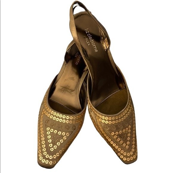 Classy Liz Claiborne Sling-Back heels. Gold, Satin and Sequin details.  Size 7.5 - Picture 1 of 7
